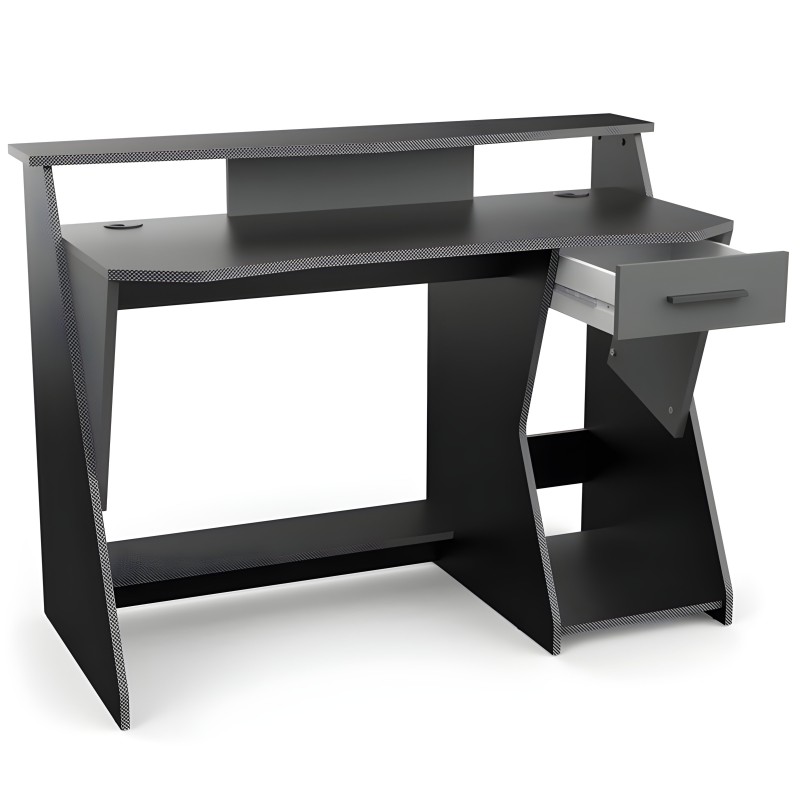 Escritorio gamer negro con estante superior y estantería lateral abierta y cajón extraíble