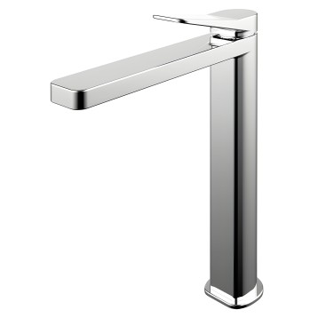 Grifo monomando de lavabo diseño moderno en cromo y blanco con caño horizontal alargado