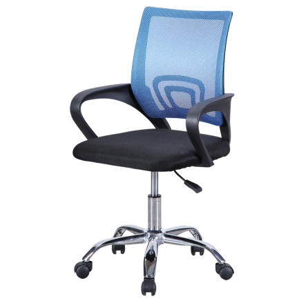 Silla de oficina con respaldo azul de malla y asiento negro giratorio sobre base cromada con ruedas