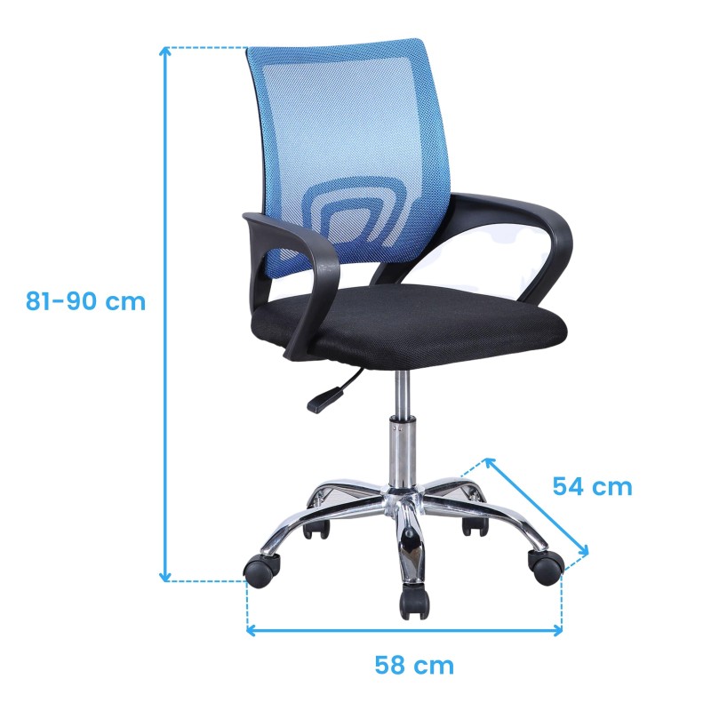Silla de oficina con respaldo en malla azul y asiento negro sobre ruedas ajustable en altura