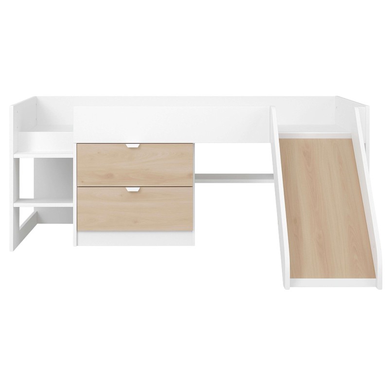 Cama infantil blanca con escalera de madera y cajones de almacenaje integrados vista superior