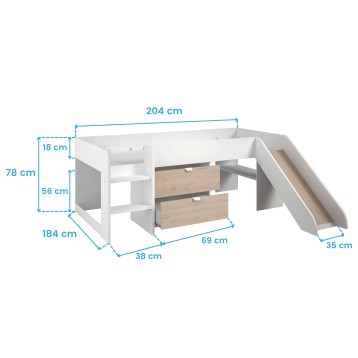 Cama alta infantil blanca con tobogán lateral y escritorio integrado con cajones en madera natural