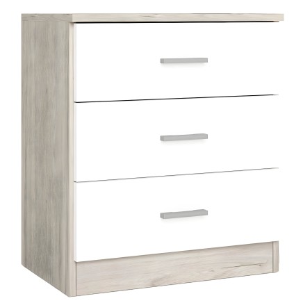 Cómoda de madera clara con tres cajones blancos y tirador gris metálico estilo moderno
