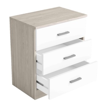 Cómoda con tres cajones blancos y estructura en madera clara con tirador gris metálico