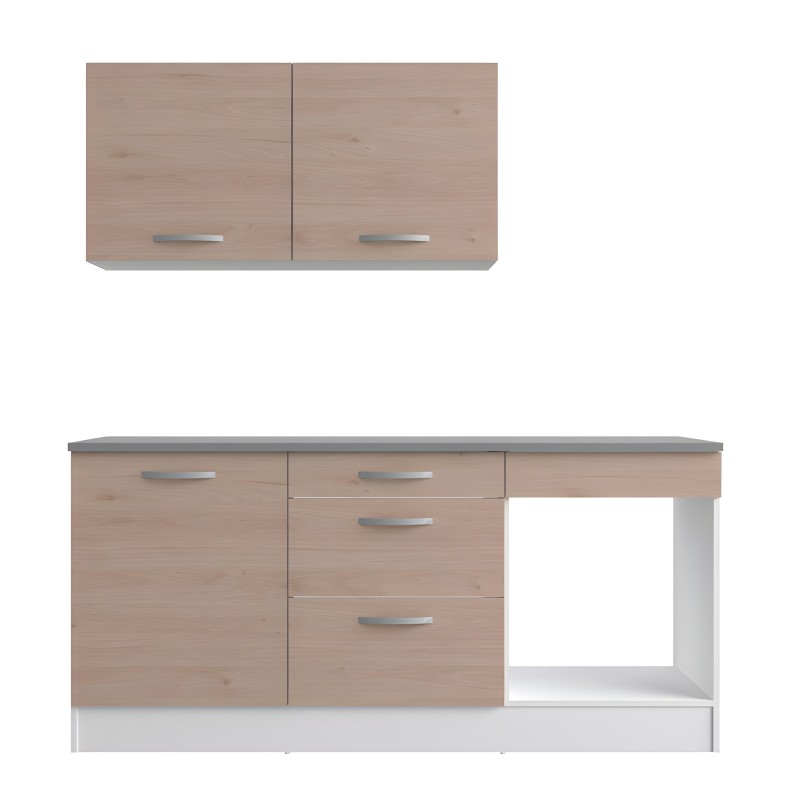 Mueble de cocina en madera clara con módulo superior de dos puertas y base inferior con puertas y cajones metalizados