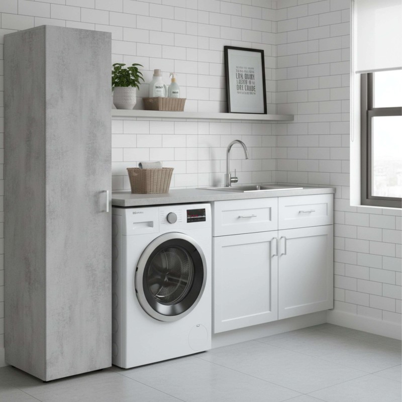 Mueble lavandería blanco con lavadora integrada y columna gris cemento en ambiente de baño
