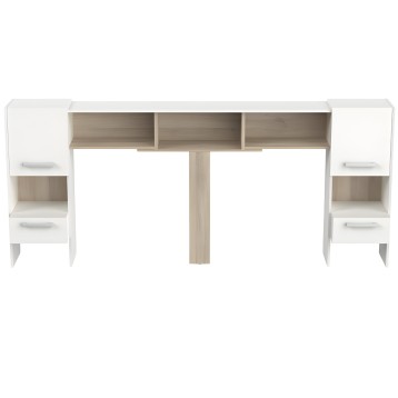 Cabecero blanco y madera con estantes y cajones laterales vista frontal