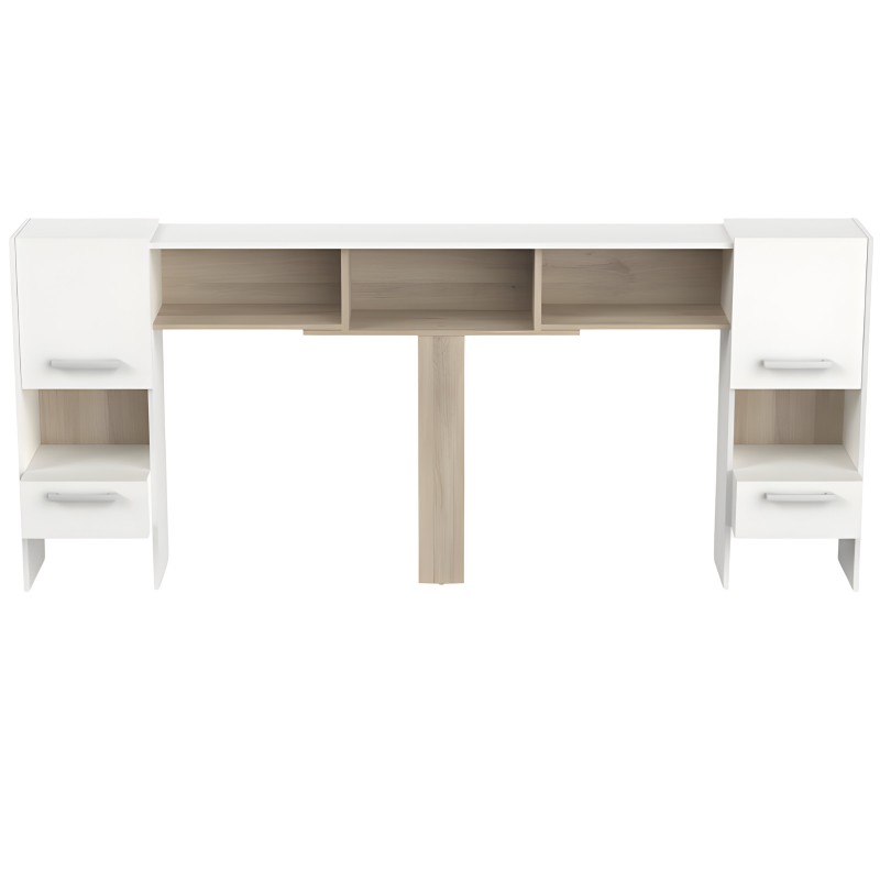 Cabecero blanco y madera con estantes y cajones laterales vista frontal
