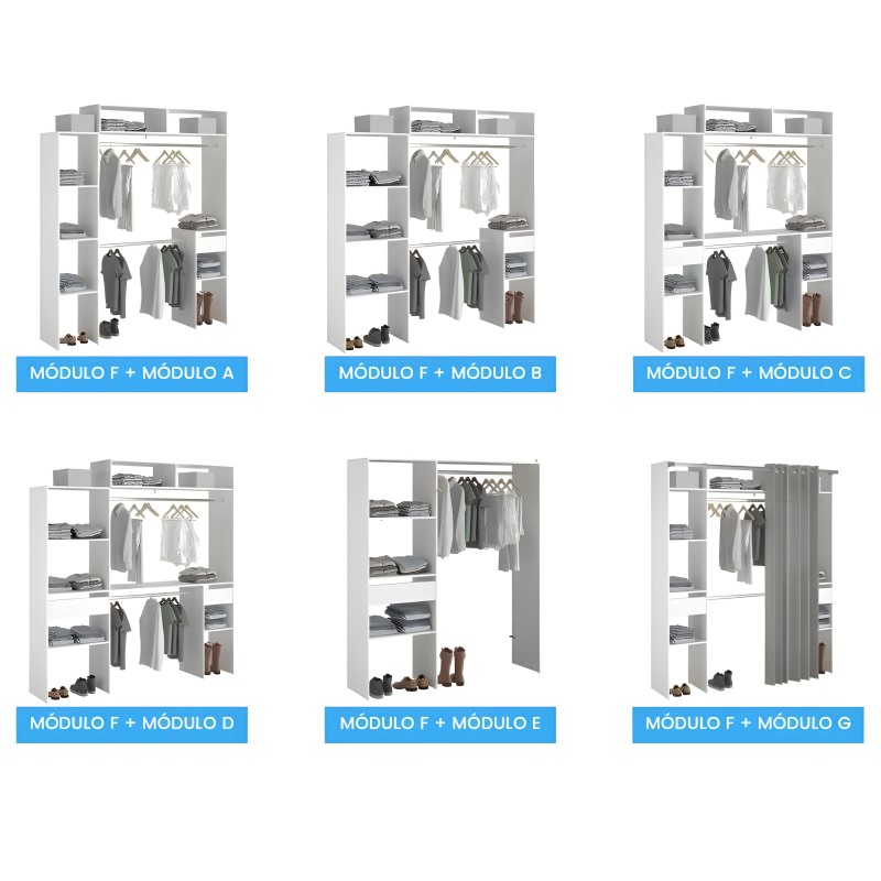 Armario modular blanco con estantes y barras de colgar en seis configuraciones diferentes para ropa y accesorios