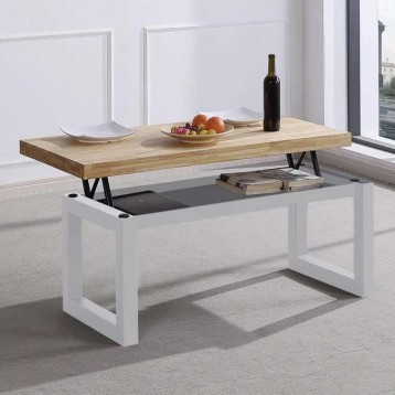 Mesa de centro elevable con tapa de madera y base blanca con almacenamiento interior en salón moderno
