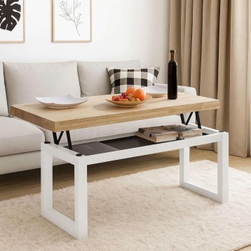 Mesa de centro elevable con tablero en madera natural y base blanca con compartimento de almacenamiento inferior