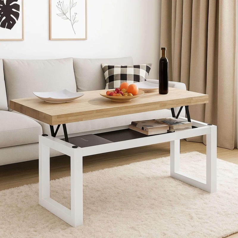 Mesa de centro elevable con tablero en madera natural y base blanca con compartimento de almacenamiento inferior