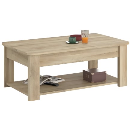 Mesa de centro rectangular en madera clara con estante inferior y superficie lisa ideal para sala de estar