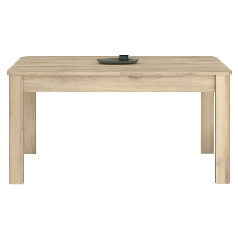 Mesa de comedor rectangular en madera clara con patas macizas y tablero liso decorado con bandeja oscura