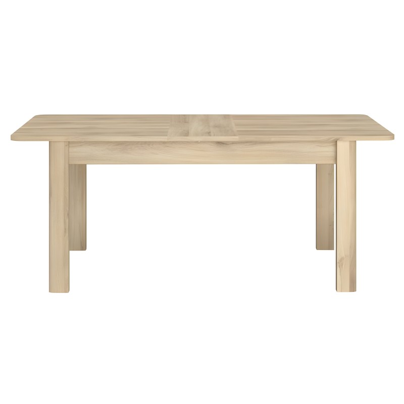 Mesa de comedor rectangular en madera clara con tablero extensible y patas macizas