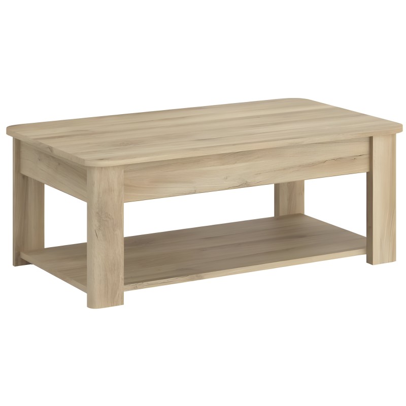 Mesa de centro rectangular en madera clara con estante inferior y patas macizas