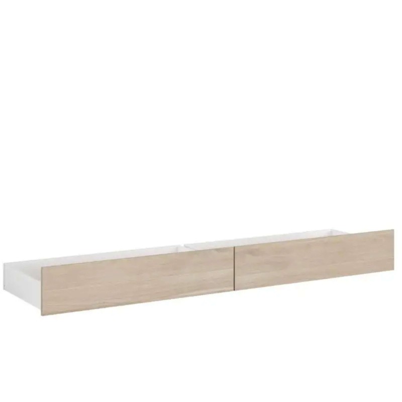Cajonera bajo cama blanca y madera clara con dos cajones y ruedas