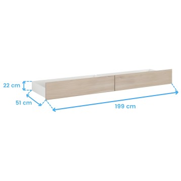 Cajonera baja de madera natural y blanco con dos compartimentos de almacenamiento vista lateral