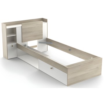 Cama individual con cabecero integrado en madera clara y blanco con cajones de almacenamiento y estantes laterales