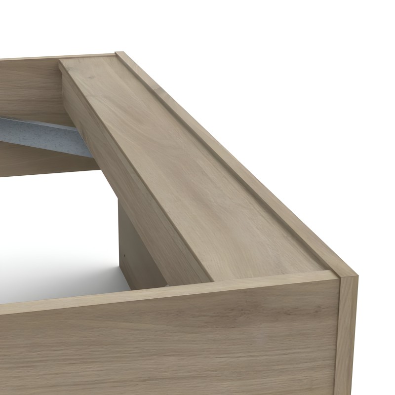 Canapé abatible de madera clara con tapa elevada y compartimento interior de almacenaje
