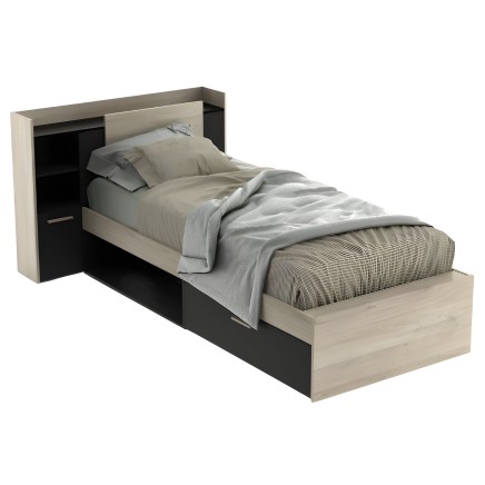 Cama individual con cabecero integrado en madera clara y negro con nicho de almacenamiento y ropa de cama gris