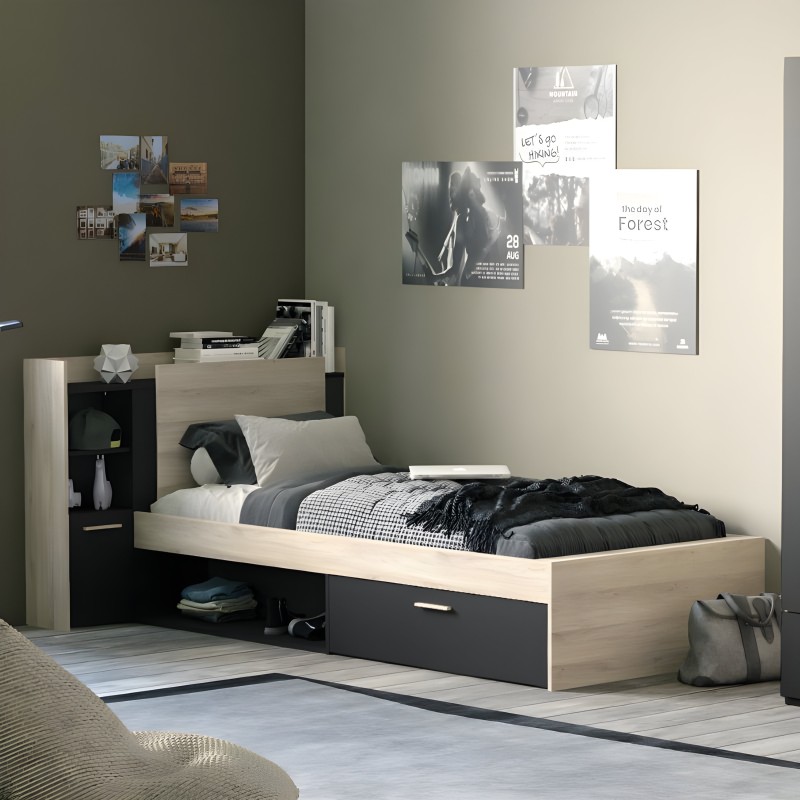 Cama individual con cajón de almacenaje y cabecero integrado en madera clara y negro en ambiente de dormitorio