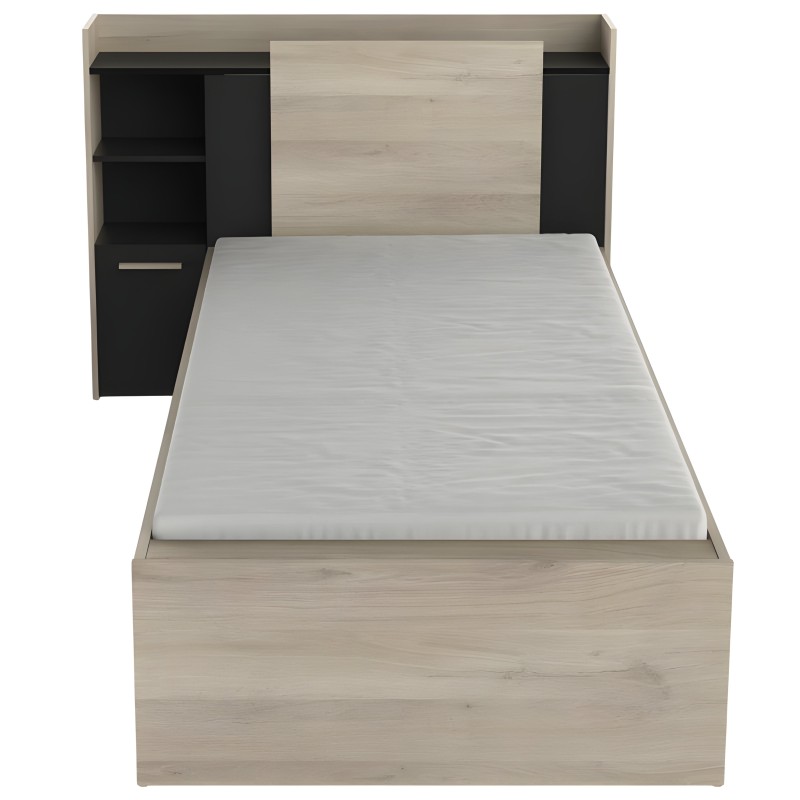 Cama individual en madera clara con cabecero integrado en color negro y gris con estantes y compartimentos de almacenaje