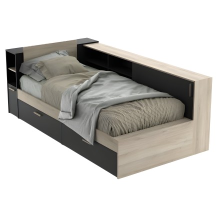 Cama individual con cabecero y laterales en negro y madera clara con cajón de almacenaje