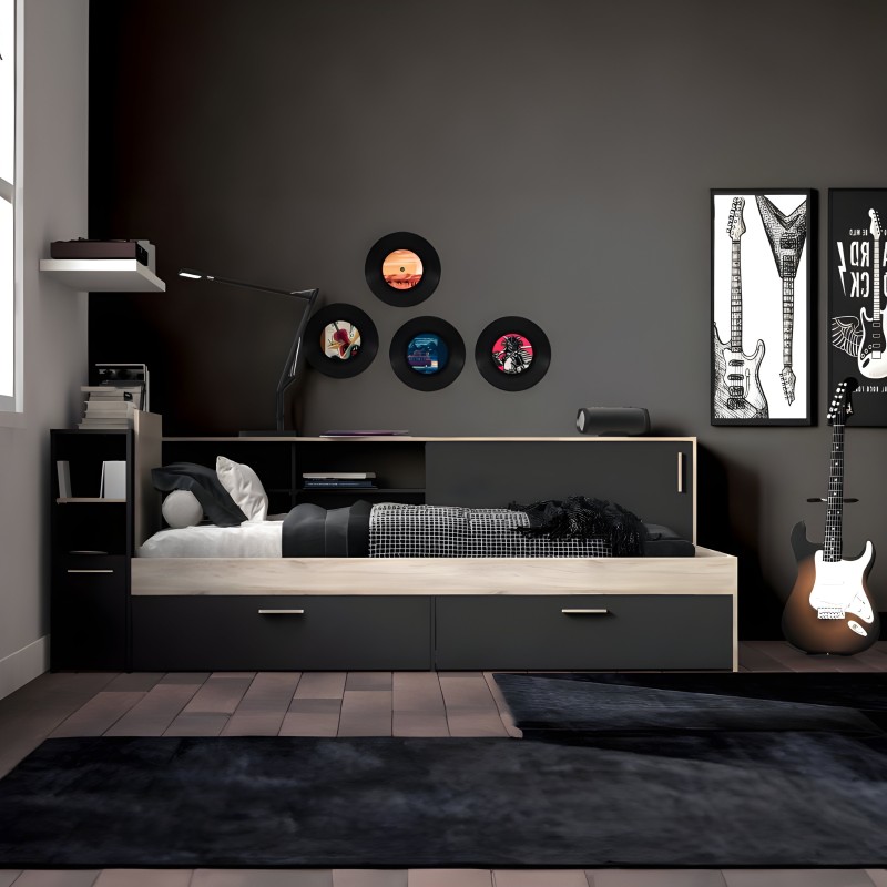 Cama nativa con cajones y cabecero integrado en negro y madera clara en ambiente de dormitorio