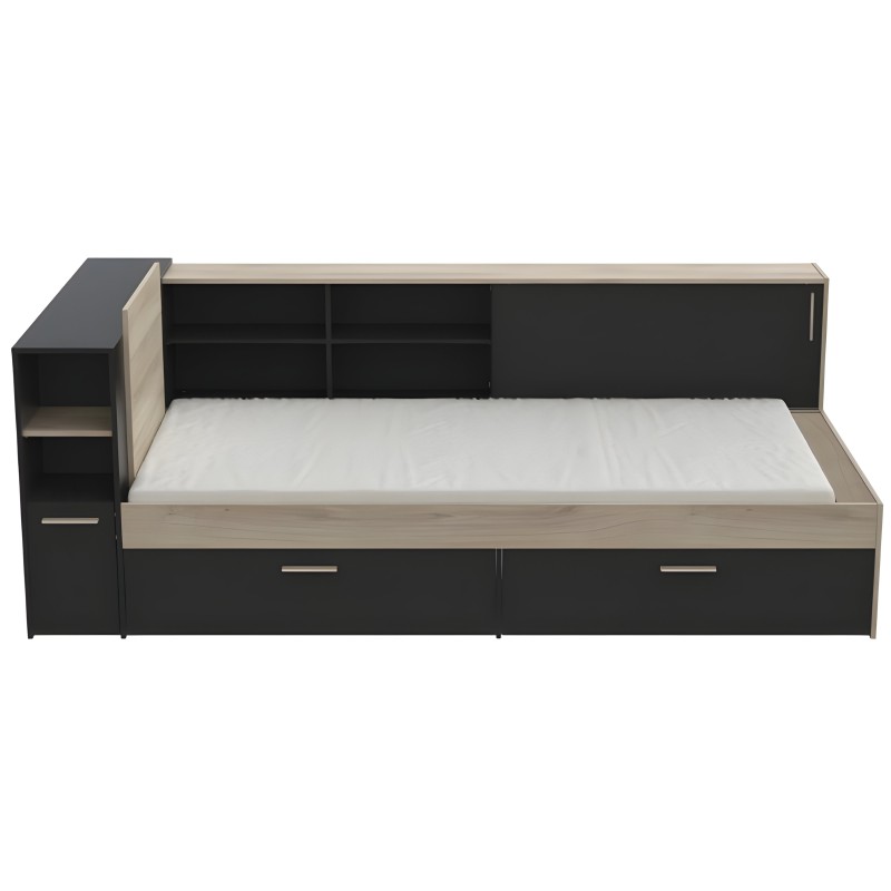 Cama nido con respaldo de estantes y cajones de madera negra y natural