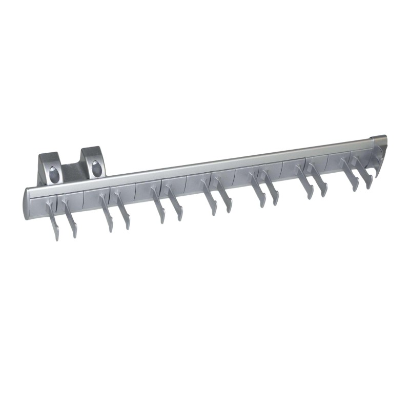 Perchero de pared en aluminio gris con barra horizontal y múltiples ganchos metálicos