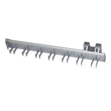 Perchero de pared en aluminio gris con múltiples ganchos de metal y soportes de fijación