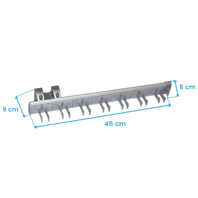 Perchero de pared horizontal en metal gris con múltiples ganchos y soportes de montaje