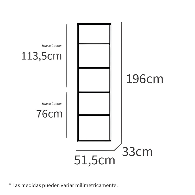 Estantería vertical con 5 compartimentos y estructura metálica negra vista en plano técnico con medidas