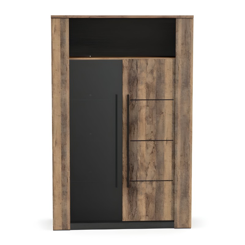 Vitrina alta con estructura en madera natural y frentes en negro mate con puerta y estantes abiertos
