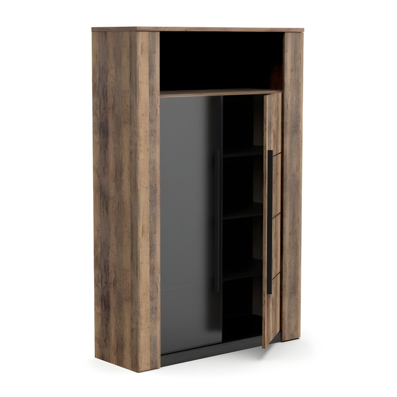 Vitrina en madera envejecida y negro con estantes ajustables y puerta corredera