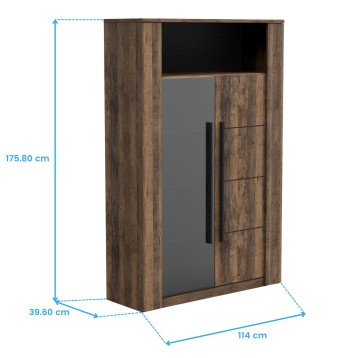 Armario alto de madera oscura con puerta gris y estantes abiertos superior e inferior
