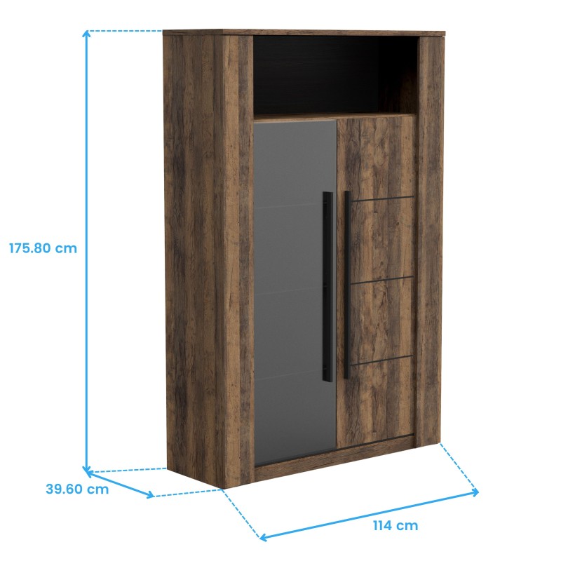 Armario alto de madera oscura con puerta gris y estantes abiertos superior e inferior