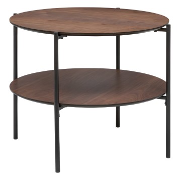 Mesa auxiliar redonda de dos niveles con tableros de madera y estructura metálica negra