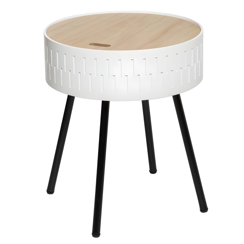 Mesa auxiliar redonda blanca con tablero en madera natural y patas negras con detalle de ranuras verticales