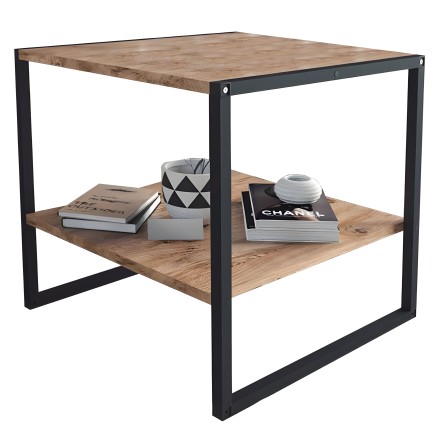 Mesa auxiliar cuadrada con tablero y estante en madera clara y estructura metálica negra estilo industrial