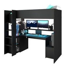 Cama Alta TexGen Con Escritorio y Perchero LED Color Negro 204x180x116 cm
