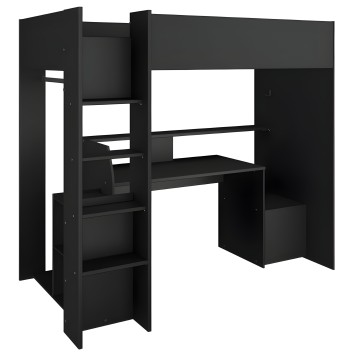 Cama alta negra con escritorio integrado y escalera de almacenamiento lateral