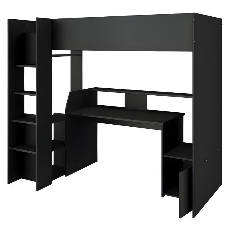 Escritorio negro con estantería integrada y compartimentos de almacenaje en estructura modular