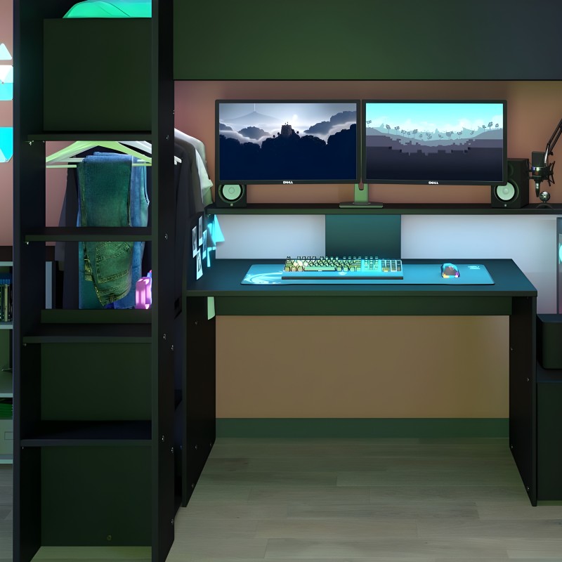 Escritorio gaming negro con cubierta turquesa y estantería lateral negra en ambiente de oficina