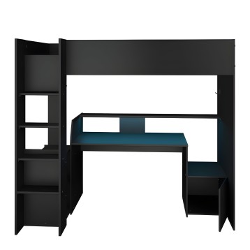 Cama alta negra con escritorio integrado en color azul y estanterías laterales abiertas