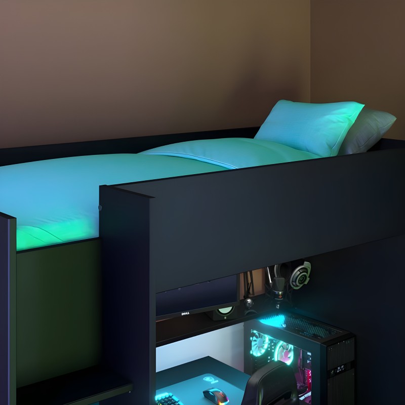 Cama gaming con estructura negra y luces LED turquesas y verdes incorporadas en ambiente de dormitorio gamer