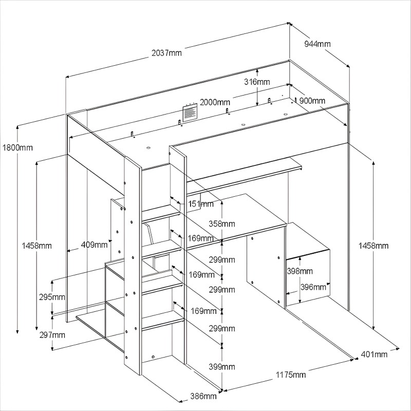 Cama alta con escritorio y armario debajo estructura metálica y madera vista en perspectiva técnica