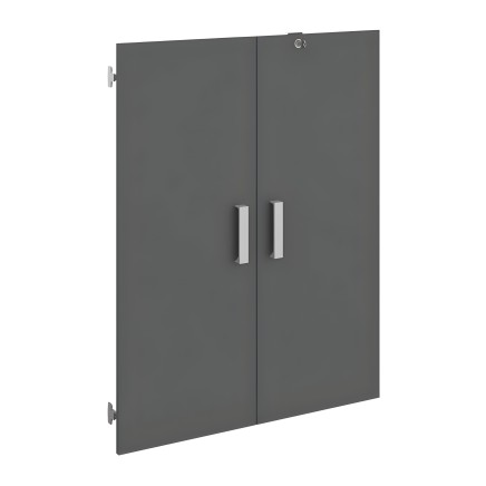 Armario de dos puertas gris oscuro con tiradores metálicos plateados y bisagras laterales visibles