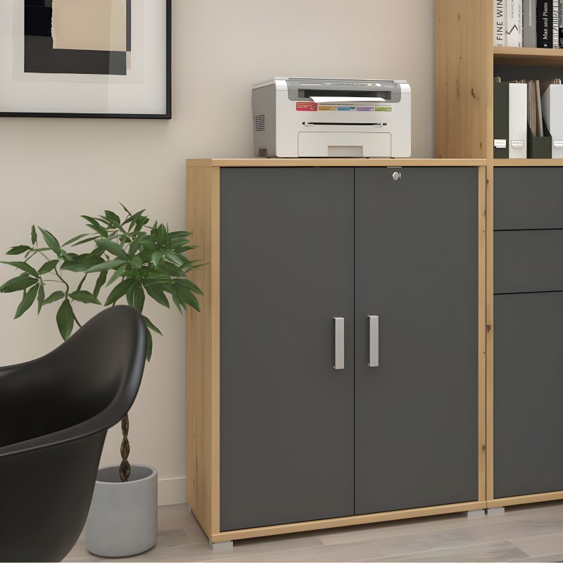Armario bajo de madera natural y puertas grises con tiradores metálicos en ambiente de oficina